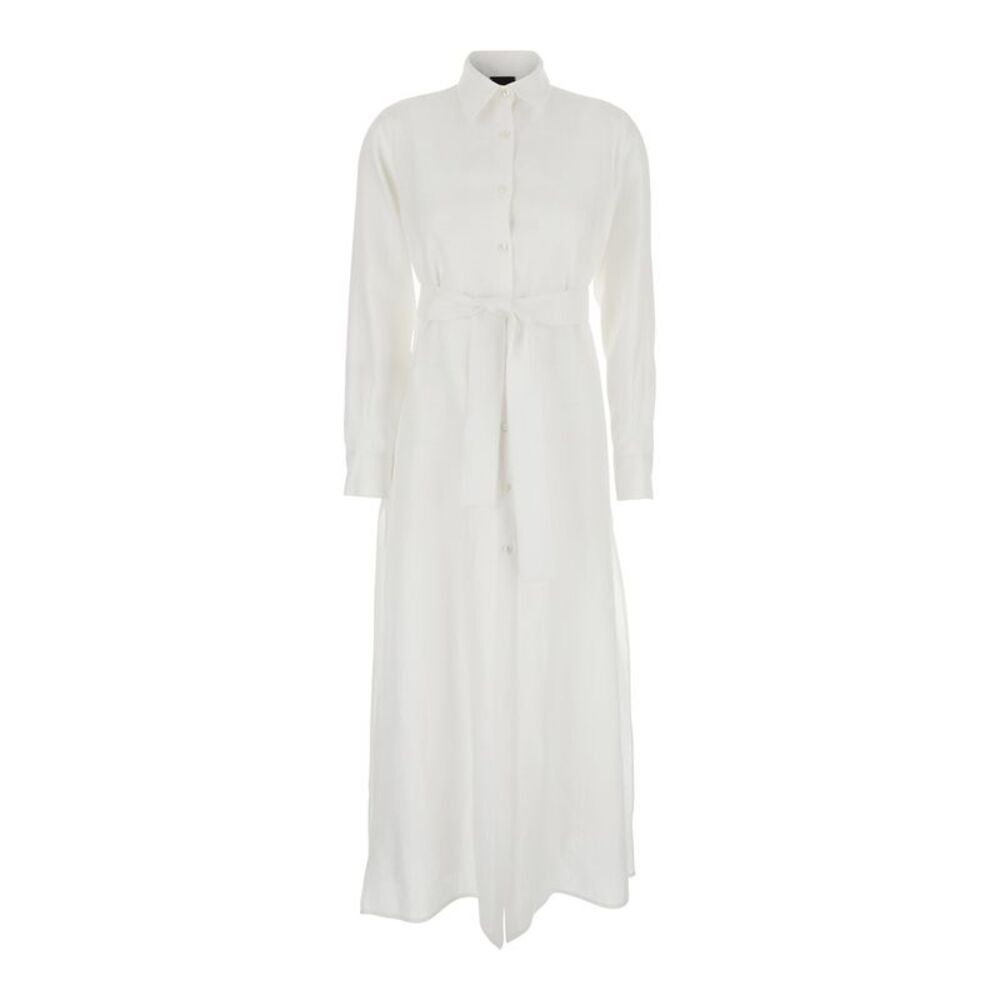 Plain Women White Dress With Classic Collar And Adjustable Skirt In Linen Woman